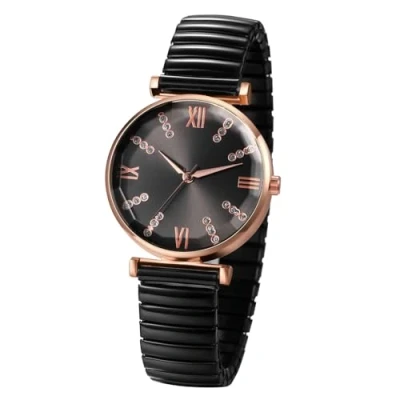 Image of JewelryWe Stretch Elastic Strap Watch: Ladies Rose Gold Analog Quartz Easy to Read Diamond Roman Numeral Scale Hard Stainless Steel Bracelet Elegant Casual Women Wrist Watch