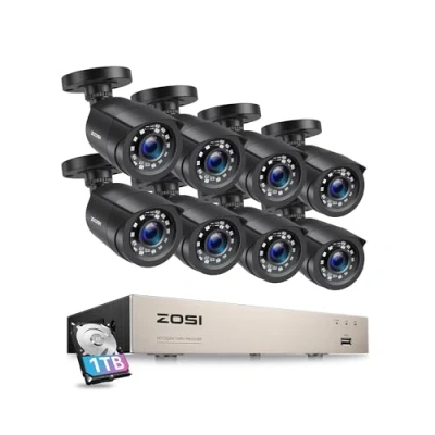 Image of ZOSI 8CH CCTV Camera System with AI Human Vehicle Detection, 5MP Lite DVR and 8x 1080p 1920TVL Security Cameras Outdoor Indoor, Email Alert, Smart Playback, 100ft Night Vision, 1TB Hard Drive