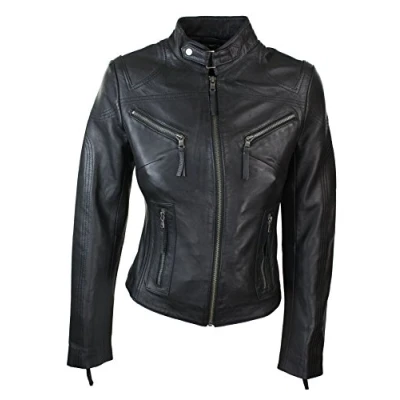 Image of Ladies Real Leather Black Biker Style Fashion Jacket Size UK 6 20 Black, XXL