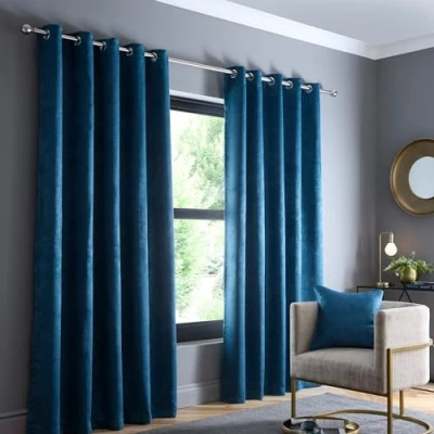 Image of Fusion Teal Curtains W46 x L72 (117 183cm) 2x Panels Eyelet in Blue Thermal for Bedroom/Living Room &amp; Drapes Door Strata Collection