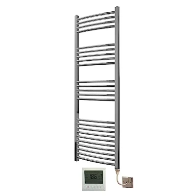 Image of Greened House Extra High Heat Output Chrome Electric Towel Rail 500 x 1500mm Curved Bathroom Radiator Heater Up to 26% More + Timer and Thermostat