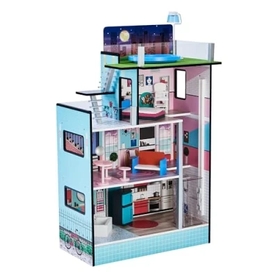 Image of Olivia&#039;s Little World Dreamland Barcelona Dolls House Wooden Doll Blue 3.1ft With 11 Accessories Furniture UK TD 13111D