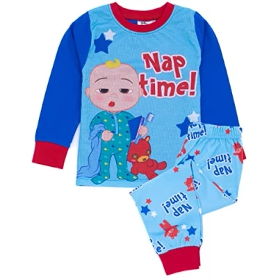 Image of CoComelon Boys Pyjama Set Kids Blue Musical Loungewear T Shirt &amp; Pants PJ Bundle Naptime with JJ Long Sleeve Tee Leg Bottoms Clothing Pajama Cosy Nightwear Merchandise Gift for Children