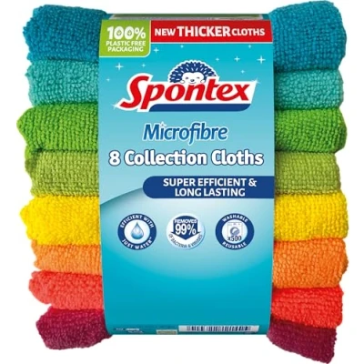 Image of Spontex Microfibre Cloths For Cleaning 8 Collection Use as Dusters, Dish &amp; Kitchen Towels 30 x 30cm Assorted Colours 16 Count