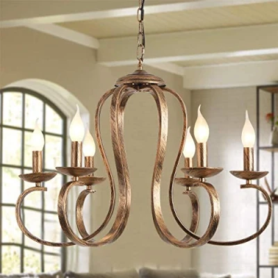 Image of Ganeed Bronze Chandeliers,Retro Iron Pendant Chandelier,6 Lights Candle Rustic Hanging Light,Industrial Farmhouse Ceiling Light Fixture,Adjustable Height Kitchen Island Lighting