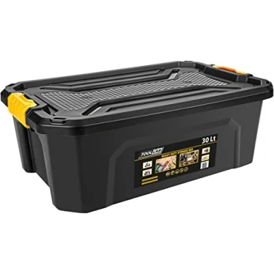 Image of Tool Lab Heavy Duty Polypropylene Storage Box with Clip on Lid. Ideal for storing items in garages and lofts. (30 Litre : 580 x 380 200mm)
