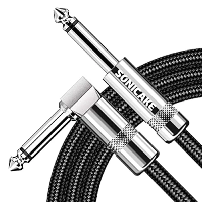 Image of SONICAKE Braided Guitar Cable 3m/10ft Instrument 6.35mm 1/4&quot; Right Angle to Straight Black