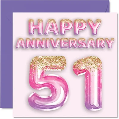 Image of Pretty 51st Anniversary Card for Wife Girlfriend Husband Boyfriend Pink Purple Glitter Balloons Happy 51 Cards from Family, 145mm x Greeting Fifty First Anniversaries