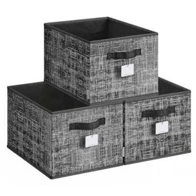 Image of SONGMICES Collapsible Storage Boxes, Set of 3 Fabric Baskets, 40 x 30 24 cm, Wardrobe Organisers, 2 Handles, Label Holders, for Bedroom, Living Room, Ink Black ROB440B01