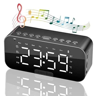 Image of Alarm Clocks Bedside, Clock Radio with Bluetooth Speakers, Digital for Bedroom, Portable Mirror Dual Alarm, Snooze, LED Display, 3 Level Adjustable Dimmable, USB Charging