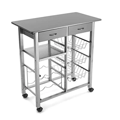 Image of Versa Leicester Kitchen Trolley with Wheels, Drawers and Bottle Rack, Greengrocer Pantry Organizers, Storage, Measurements (H x L W) 82 40 76 cm, Wood Metal, Colour Grey
