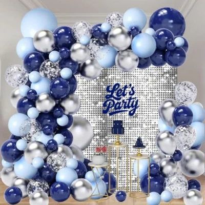 Image of Blue Balloon Arch Kit, 114pcs Navy and Silver Balloons Garland With Pastel Bluey Metallic Sliver Confetti for Birthday, Baby Shower, Graduation, Prom, Anniversary Party Decorations