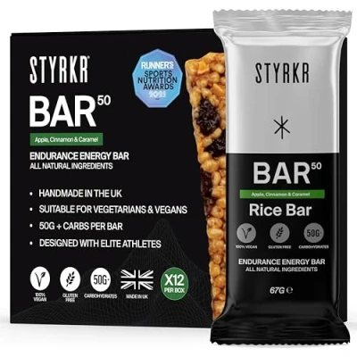 Image of Energy Bars by Styrkr Pack of 12 Rice for Cycling &amp; Running Apple, Cinnamon Caramel Flavour Approved Endurance Athletes 50g Carbs via Advanced Dual Carb Formulation BAR50 12x