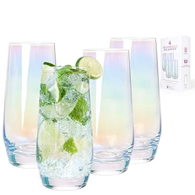 Image of Cyimi Drinking Glass, Highball Glass Iridescent, Crystal Hiball Glasses Tumblers 4 Pack,550ML/18.5 OZ, Heavy Base Tall Bar for Juice,Water, Cocktail and Beer (Colorful)