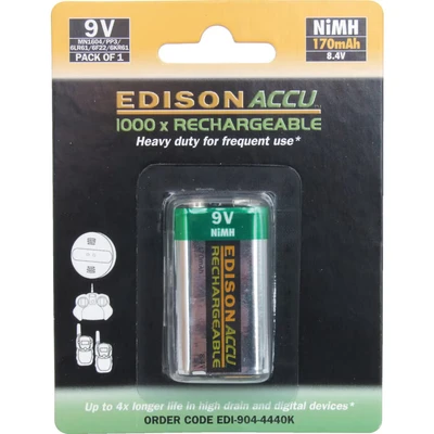 Image of Edison 9V NiMH Rechargeable 170 mAh Battery
