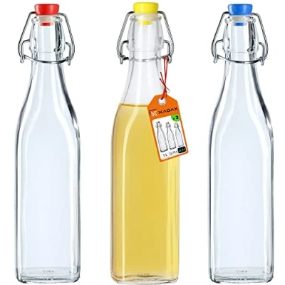 Image of KADAX Flip Top Bottle, Glass Flask with Rubber Cork, Beer Container, Fermentation Swing for Kombucha, Water, Carbonated Drinks (500ml, pack of 3)
