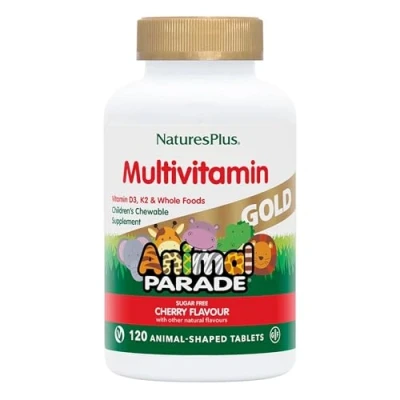 Image of NaturesPlus Animal Parade Gold Children’s Multivitamin Fun Shaped Chewable Multi for Kids All, Natural, Cherry Flavour Vegan, Gluten Free 120 Tablets