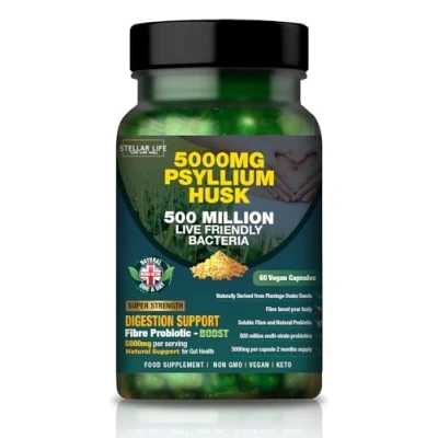 Image of Fibre Supplement 5000mg Psyllium Husk with 500 Million Multi Strain Probiotic High Strength Natural Soluble Fiber Plantago Ovata Seeds 2 Month Supply Husks Capsules Vegan, UK