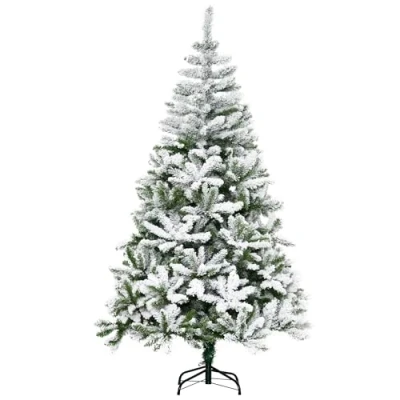 Image of HOMCOM 6 Ft Snow Flocked Artificial Christmas Tree Xmas Pine with Realistic Branches, Auto Open and Steel Base, Green