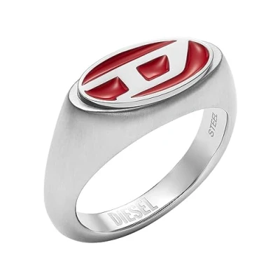 Image of Diesel Men&#039;s Ring, Red Enamel and Stainless Steel Signet Ring