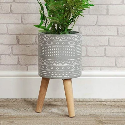 Image of Country Living Ornate Grey Fibre Clay Planter with Wooden Legs