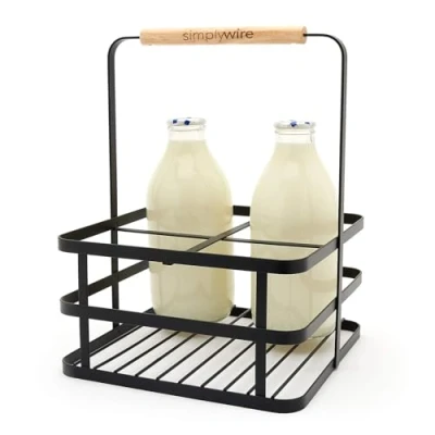 Image of simplywire Retro 4 Unit Milk Bottle Holder Wine Carrier Black Flat Wire