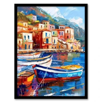 Image of Artery8 Colourful Fishing Village Oil Painting Harbour Living Room Artwork Framed Wall Art Print 18X24 Inch