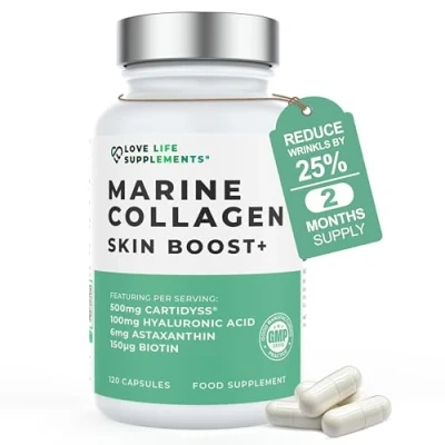 Image of Wild Caught Marine Collagen Complex Capsules with Hyaluronic Acid 120 2 Month Supply Also Vitamin C, E, Bamboo Stem Extract, Biotin for Skin, Hair, Nails