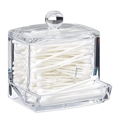 Image of Relaxdays Cotton Swab Storage Box, Acrylic Lidded Organiser, Stick Bathroom Dispenser, Size M, Clear, 10 x 9 8cm