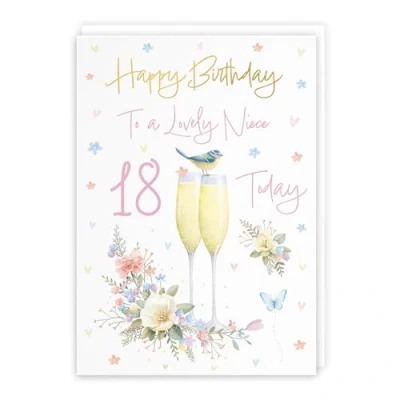 Image of Hunts England 18th Niece Champagne Flutes Birthday Card Gold Foil Milo&#039;s Gallery Age 18 Butterflies, Hearts, Flowers For Year Old A5 Size