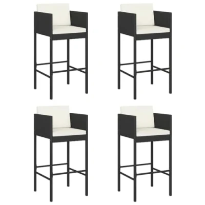 Image of vidaXL Poly Rattan Bar Stools with Cushions, Weather Resistant Outdoor Seating, Lightweight and Durable Construction, Black, Set of 4