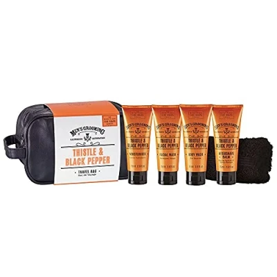 Image of Scottish Fine Soaps Thistle &amp; Black Pepper Travel Bag Contains a Body Wash, Moisturiser, Aftershave Balm and Facial Wash Sensitive Formula Vegan Friendly 4 x 75ml