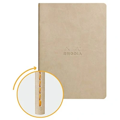 Image of RHODIA 116455C Soft Beige Textile Stitch Notebook A5 Dot 64 pages Ivory Clairefontaine Paper 90 g/m Faux Leather Cover Rhodiarama Collection
