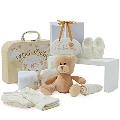 Image of Baby Box Shop Gifts Newborn Unisex 7 in a Neutral Gift Set, Essentials and Shower Gifts, Hampers, Presents, Welcome Wishlist Cream