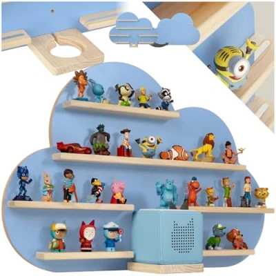 Image of TecTake® Floating Shelf for Tonies, 6 Wooden Wall Shelves with Magnetic Strips &amp; Rounded Corners, Toy Storage Unit up to 28 Children&#039;s Bedroom Playroom Blue Cloud
