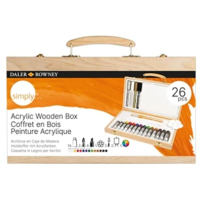 Image of Daler Rowney Simply Acrylic Wooden Box Set, 14 Vibrant Colours, Multi Surface, Ideal for Professional Artists and Students