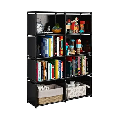 Image of JIUYOTREE 5 Tiers Portable Bookshelf with Fabric Cloth at Back, 8 Cube Closet Storage Organiser Bookcase, Living Room,Study Room,Bedroom, Black
