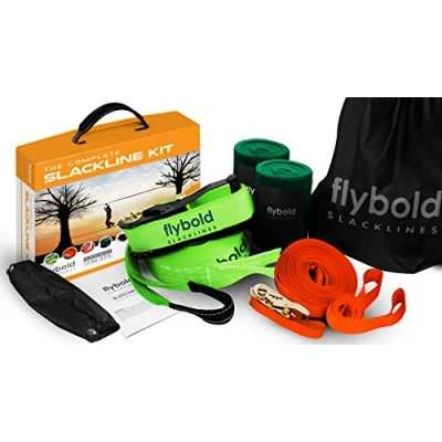 Image of flybold Slackline Kit with Training Line Tree Protectors Ratchet Arm Trainer 57 feet Easy Set up Instruction Booklet and Carry Bag Complete Outdoor Fun for Family Adults Children Kids