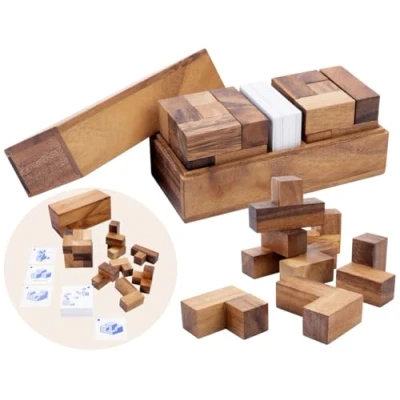 Image of Engelhart 350460 Double Soma Cube 3D Shape Puzzle Hard Difficulty Includes 2 Wooden Cubes and Sheets Eco Friendly Box Players Ages 6 Up