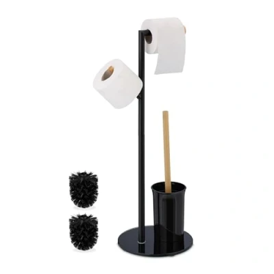 Image of Relaxdays WC Set, HxWxD: 64 x 27 22 cm, Free Standing Roll &amp; Brush Holder, Replacement Heads, Stainless Steel, Black