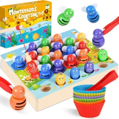 Image of Ophy Montessori Counting Toys Rainbow Bees with Matching Bowl for 3+ Year Old Boy Girls 3 in 1 Sorting Toddlers Magnetic Fishing Game Wooden Educational Toy Birthday Gift