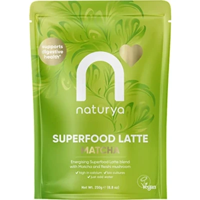 Image of Naturya Energizing Matcha Superfood Latte Blend 250g Creamy Vegan &amp; Gluten Free Green Tea with Coconut Milk, Reishi Mushroom, Live Bio Cultures Seaweed Calcium for Digestion Bone Health
