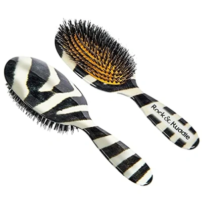 Image of Rock &amp; Ruddle Natural Mixed Boar Bristle Hair Brush for Women and Kids (Large, 21cm) Perfect Wet or Dry Hair, Detangling Smoothing Blowdrying Designed Made in UK Zebra Print Design, Large