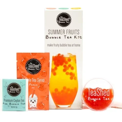 Image of Summer Fruit Bubble Tea Kit Boba Set Includes Peach Syrup, Strawberry Popping Boba, Bag and Paper Straw by THE TEASHED