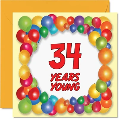 Image of Fun 34th Birthday Cards for Men Woman Years Young Happy Card Dad Uncle Son Daughter Cousin Sister Mum Auntie Brother, 145mm x Greeting Cards,