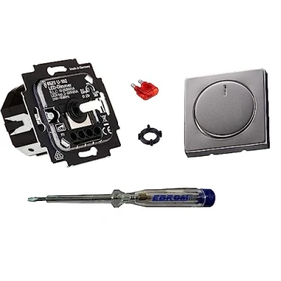 Image of Busch Jäger 6523U 102 LED Rotary Dimmer with Central Plate 6540 866 in PUR Stainless Steel Look Including EBROM Phase Tester for Mounting the (6523 U 102)