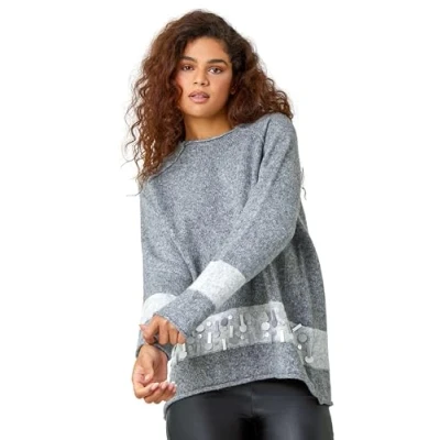 Image of Roman Originals Sequin Colour Block Funnel Neck Jumper for Women UK Ladies Everyday Autumn Winter Round Neckline Comfy Soft Evening Vacation Work Party Night Out Grey Size M