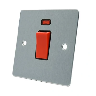 Image of AET FSCCSWBL Satin Chrome Flat 45A Black Insert 1 Gang Plate 45 Amp DP Cooker Switch w/Neon Indicator