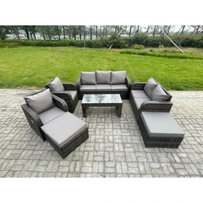 Image of Fimous Rattan Wicker Garden Furniture Patio Conservatory Sofa Set with Rectangular Coffee Table Reclining Chair 2 Big Footstool 3 Seater