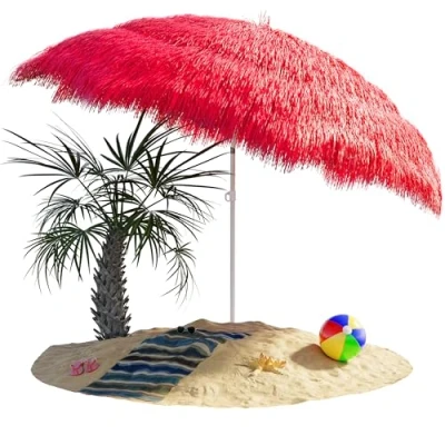Image of Kingsleeve® Hawaii Parasol 1.9m Height 1.6m Diameter UV30+ Protection Tiltable Adjustable Ground Spike Large Round Straw Raffia Tiki Umbrella Garden Camping Beach Red
